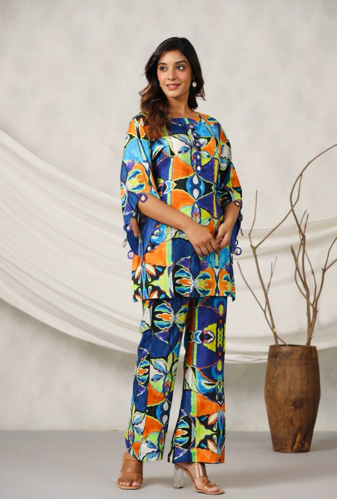 Multicoloured Coord Set With Coin Tassels In Muslin