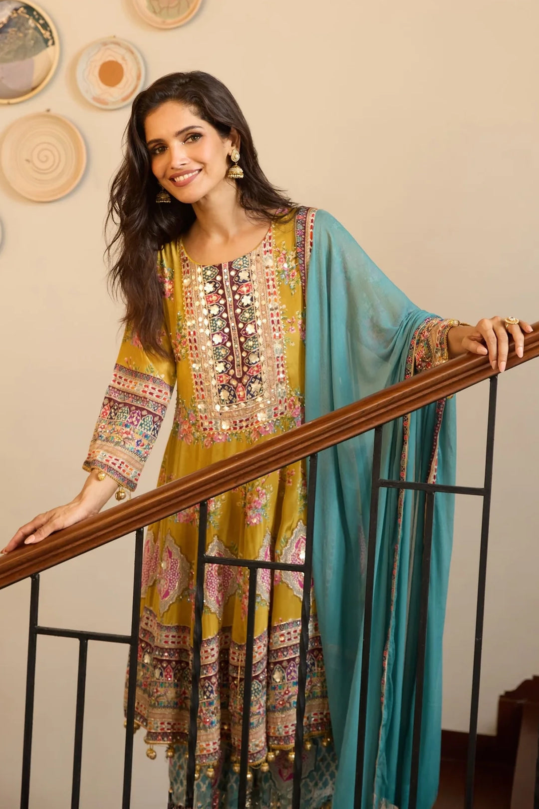 Yellow Pure Crepe Ethnic Printed Sharara Set