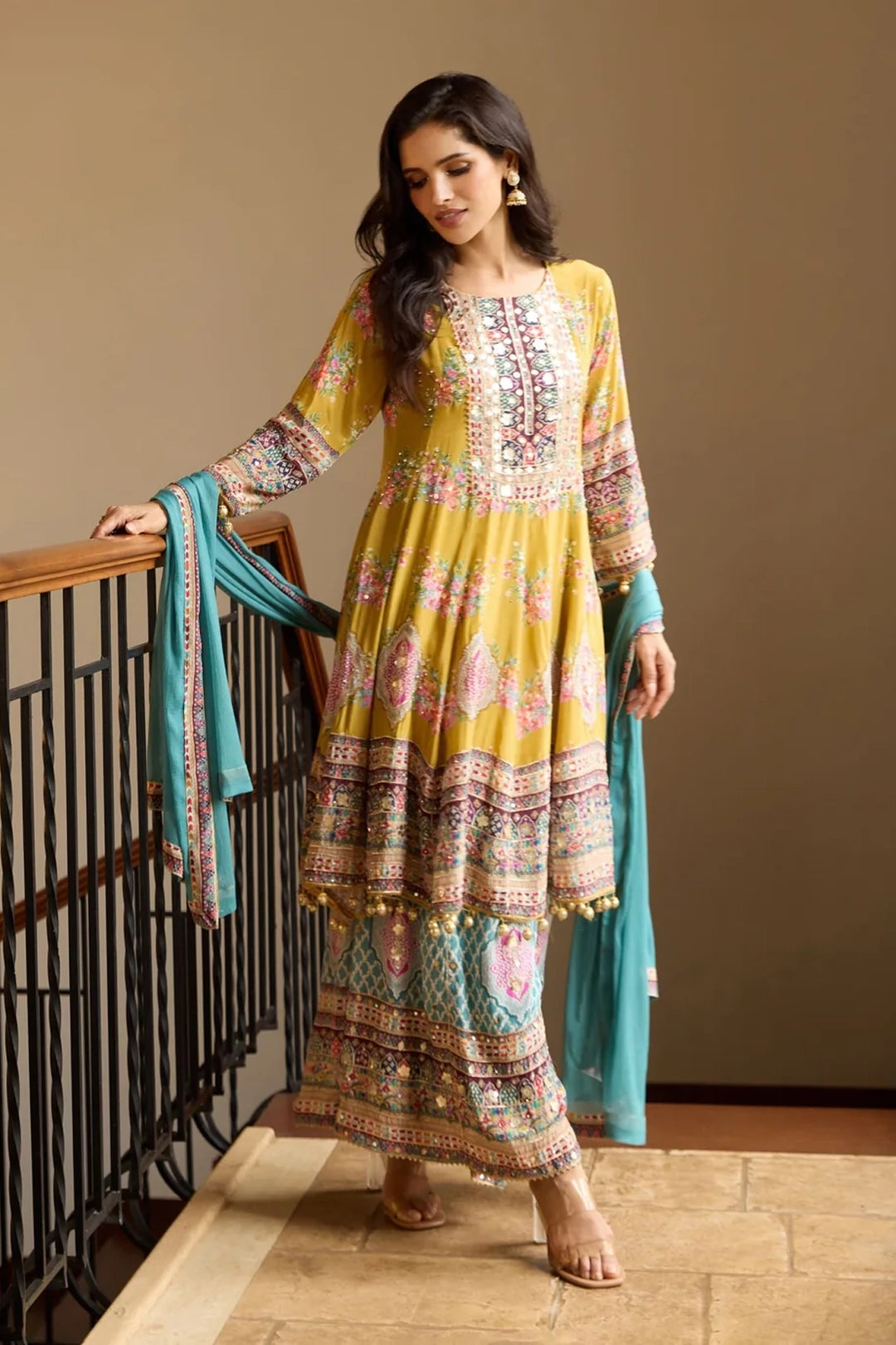 Yellow Pure Crepe Ethnic Printed Sharara Set