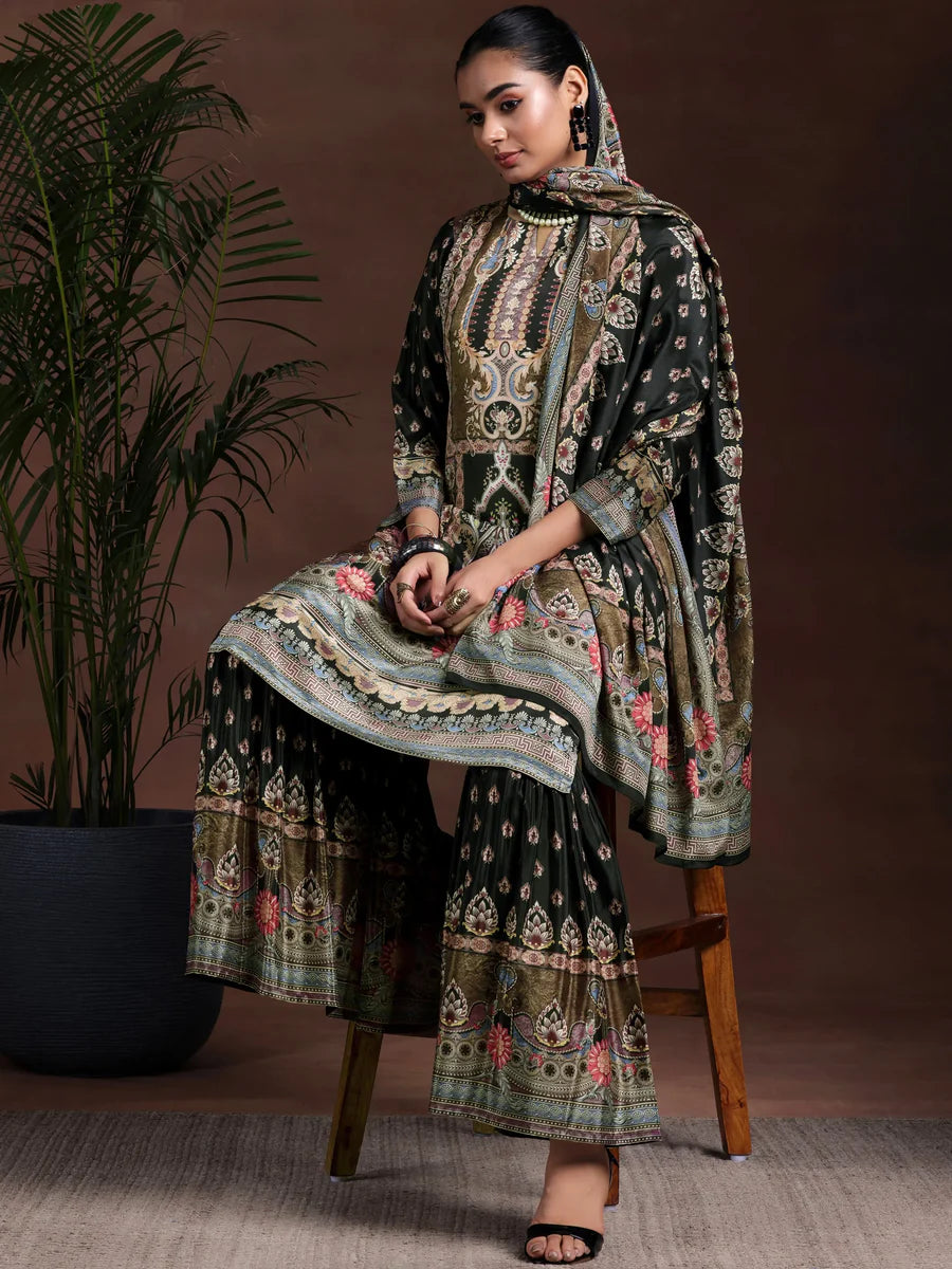 Pure Printed Crepe Black Sharara Suit with mirror work & Accessory Work