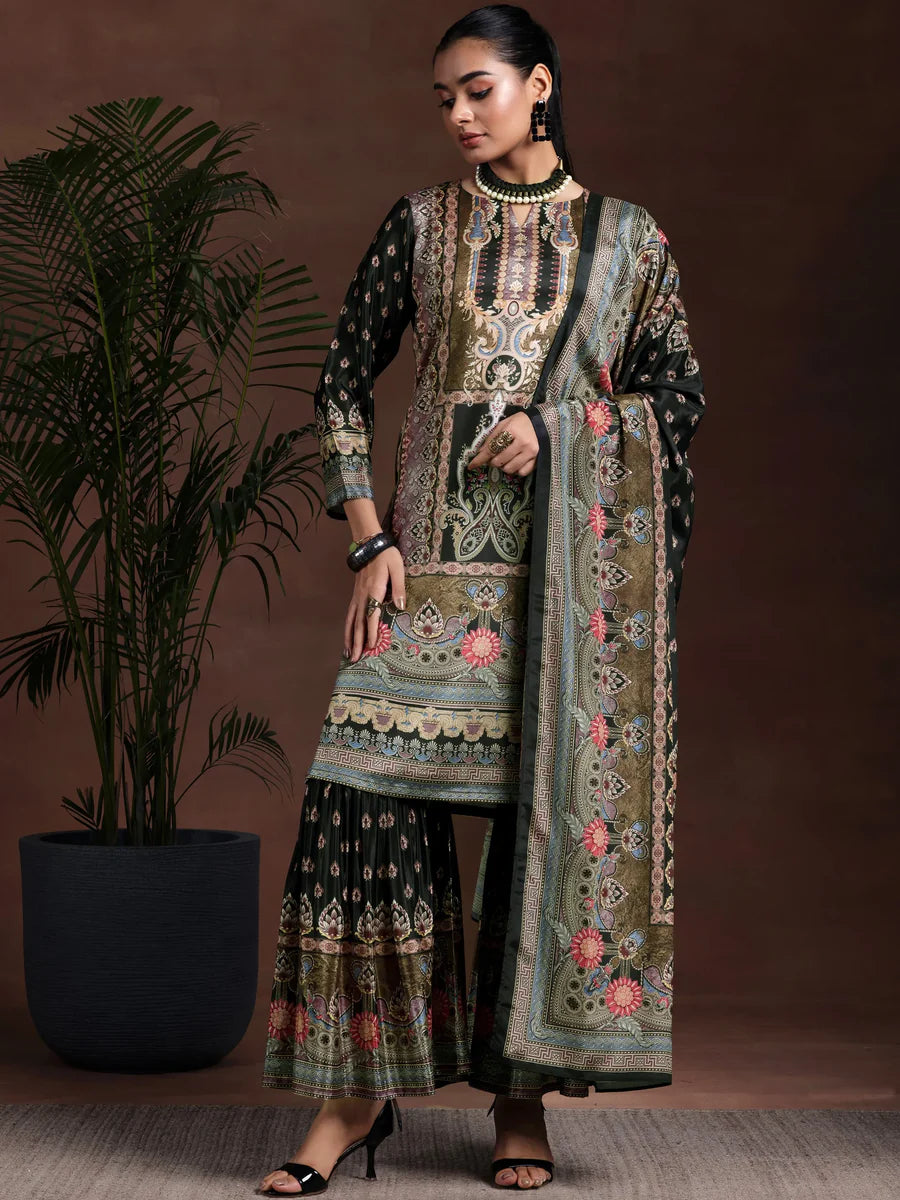 Pure Printed Crepe Black Sharara Suit with mirror work & Accessory Work