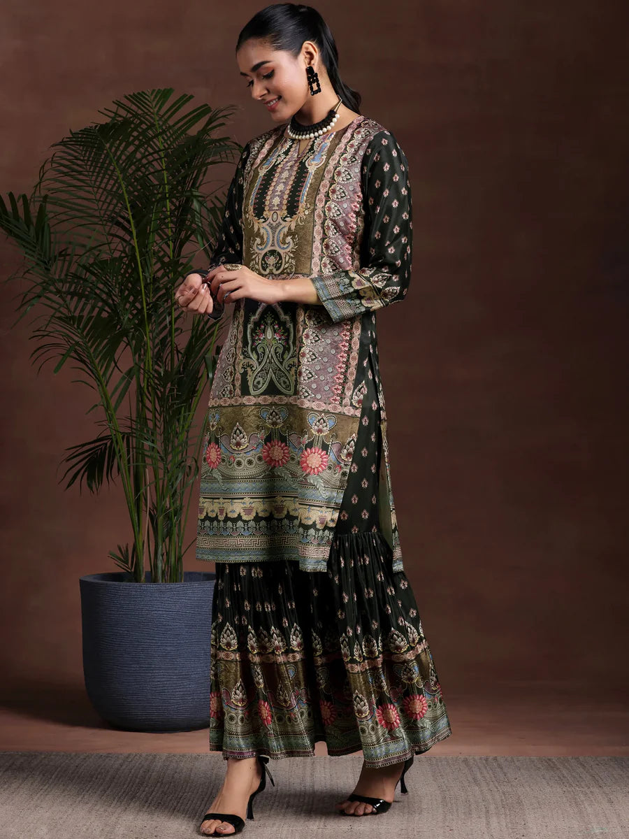 Pure Printed Crepe Black Sharara Suit with mirror work & Accessory Work