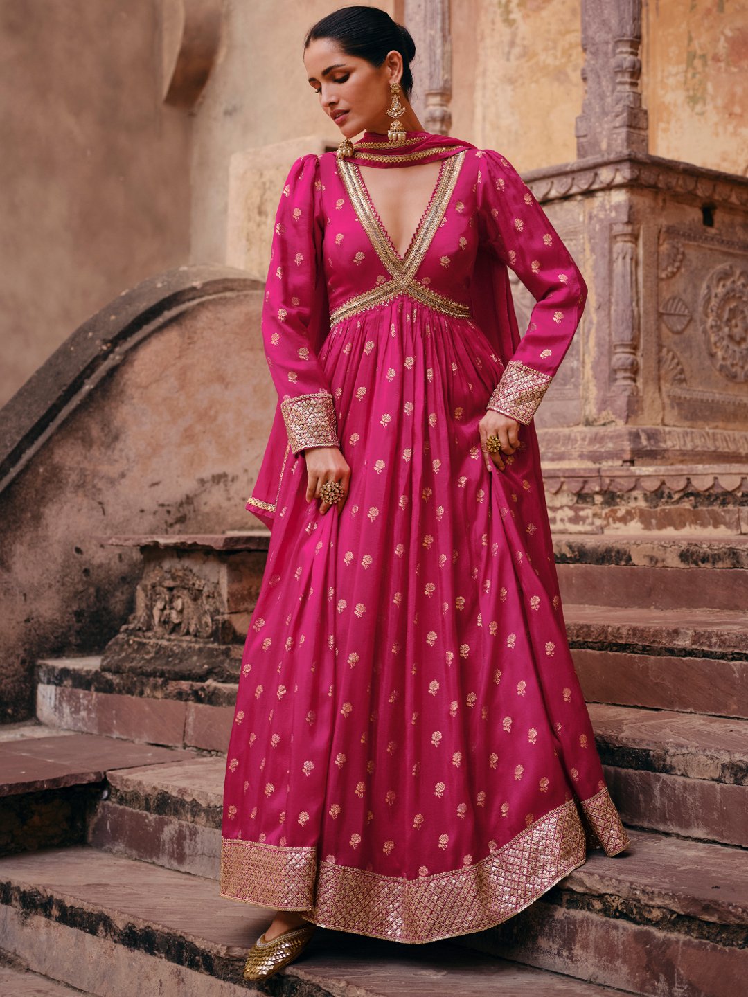 Magenta Viscose Jacquard Silk Alia Cut Gown With Sequins & Embroidery