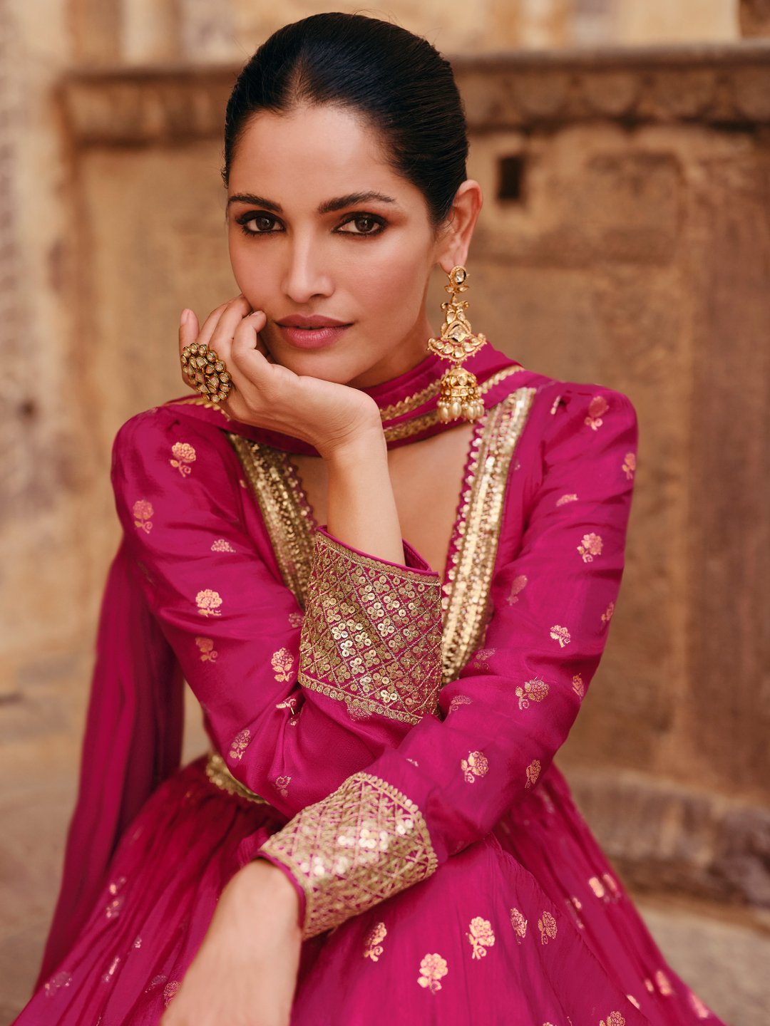 Magenta Viscose Jacquard Silk Alia Cut Gown With Sequins & Embroidery