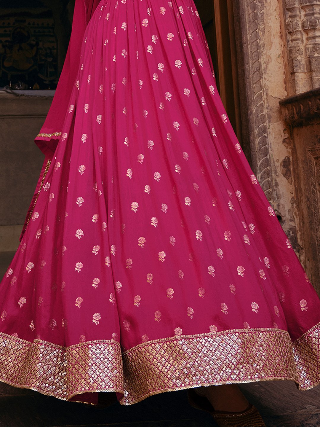 Magenta Viscose Jacquard Silk Alia Cut Gown With Sequins & Embroidery
