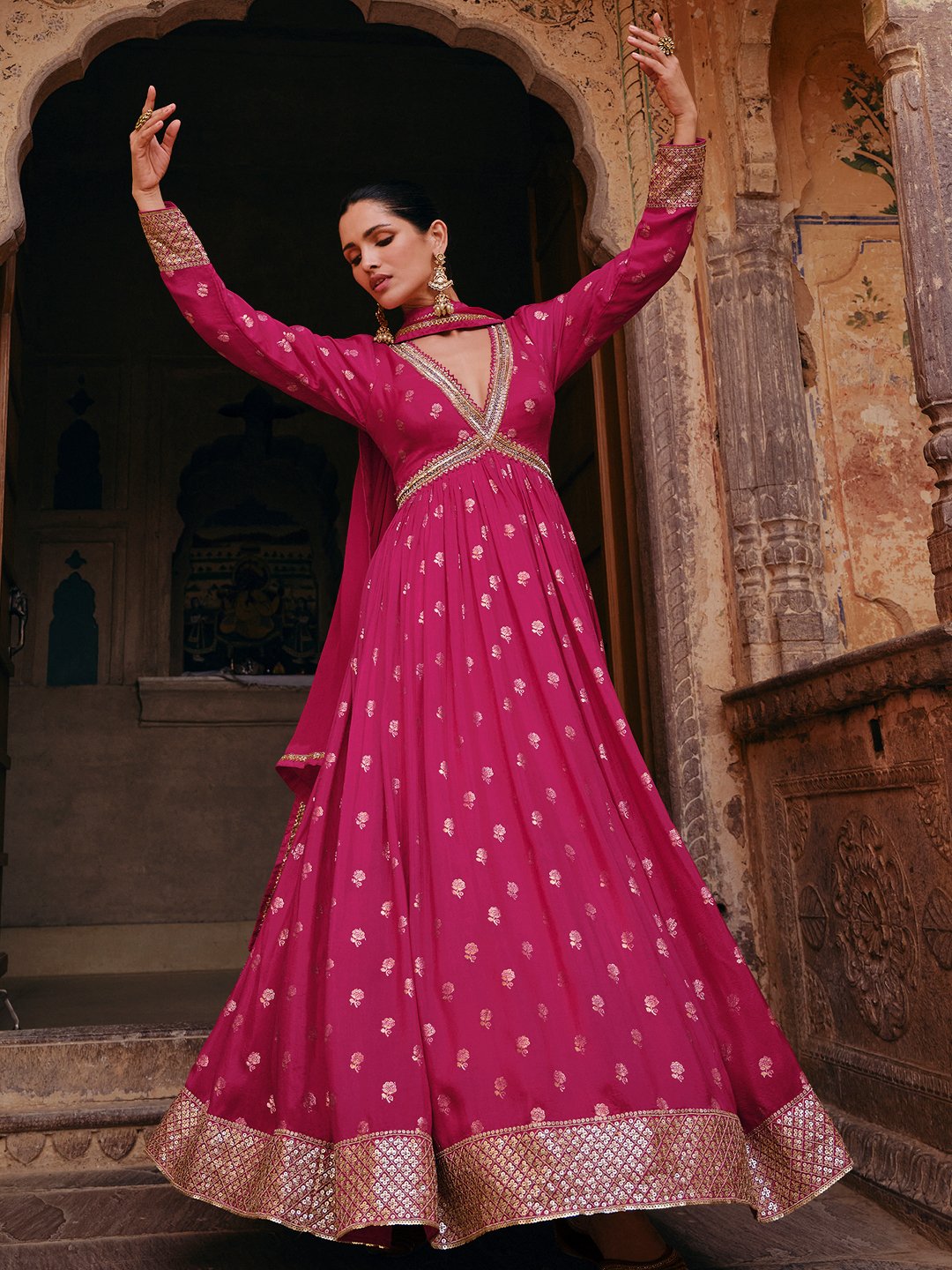 Magenta Viscose Jacquard Silk Alia Cut Gown With Sequins & Embroidery Magenta Viscose Jacquard Silk Alia Cut Gown With Sequins & Embroidery