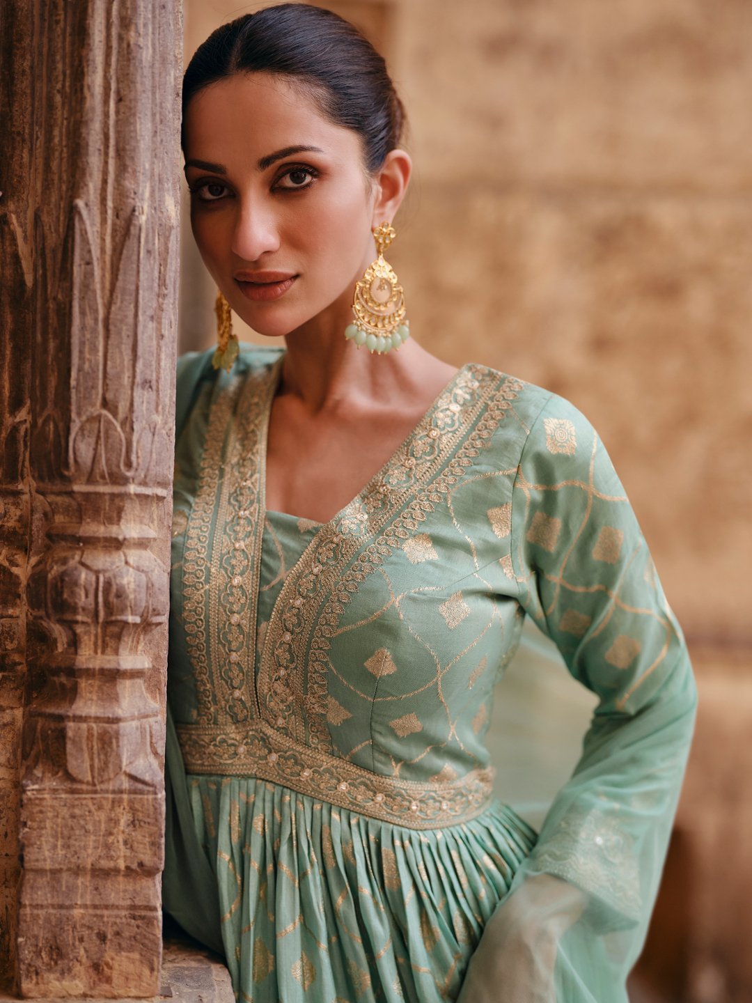 Pista Green Viscose Jacquard Silk Alia Cut Gown With Sequins & Embroidery