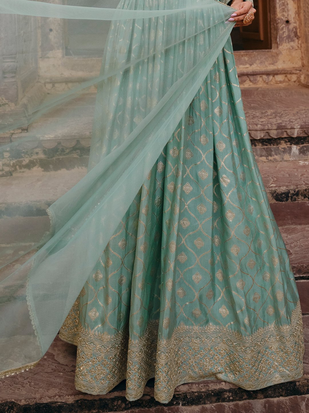 Pista Green Viscose Jacquard Silk Alia Cut Gown With Sequins & Embroidery