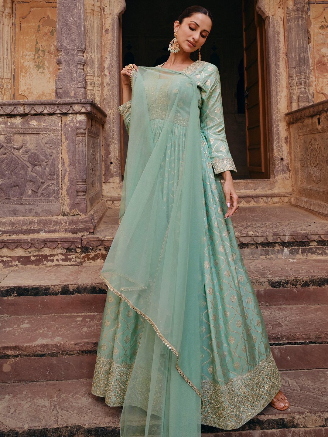 Pista Green Viscose Jacquard Silk Alia Cut Gown With Sequins & Embroidery