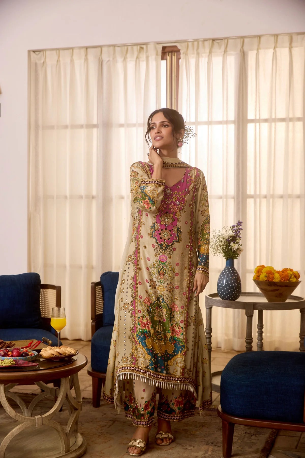 Pure Crepe Printed Kurta With Mirror work and Tassels detailing