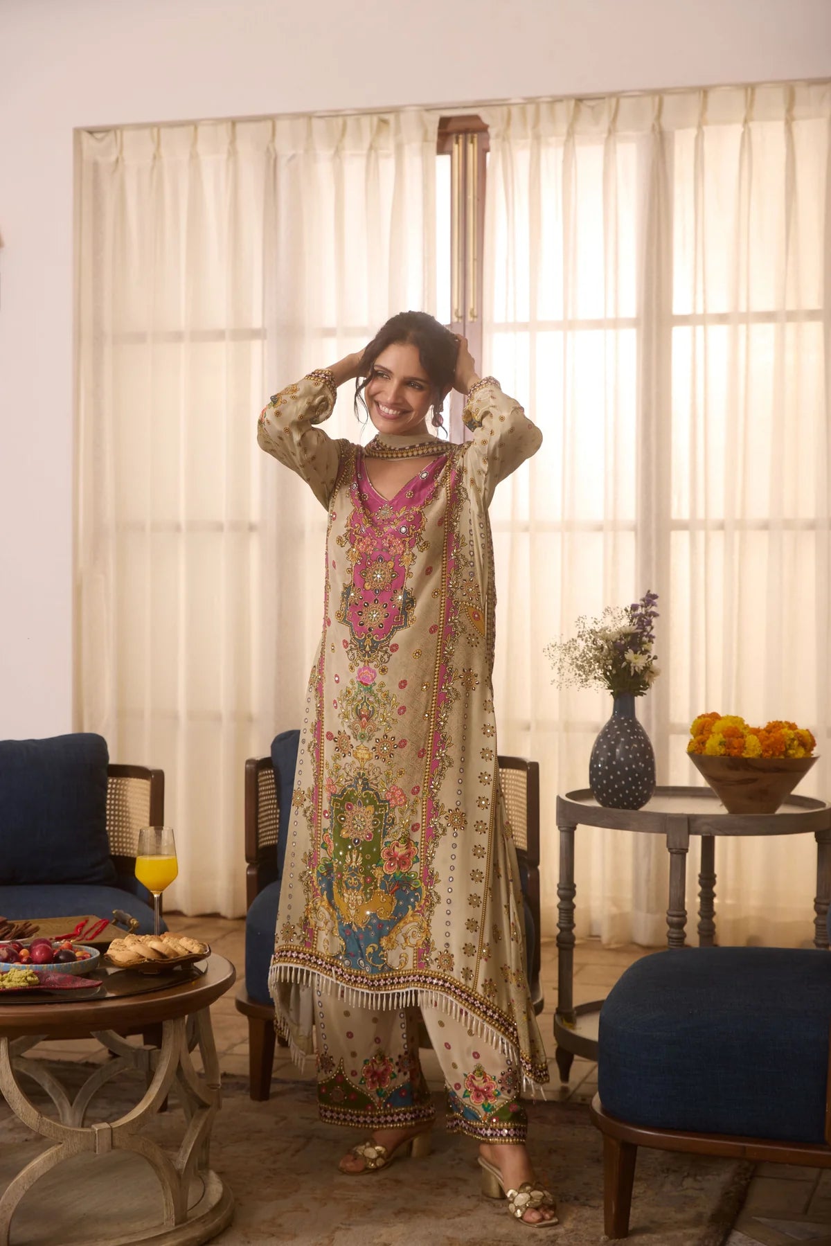 Pure Crepe Printed Kurta With Mirror work and Tassels detailing