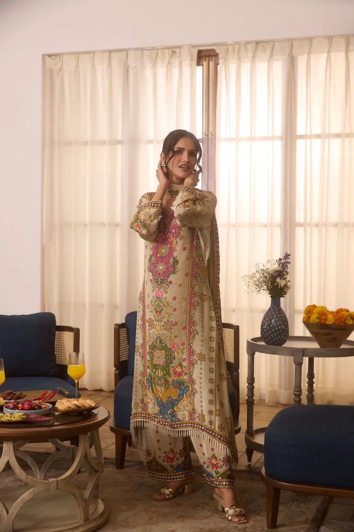Pure Crepe Printed Kurta With Mirror work and Tassels detailing