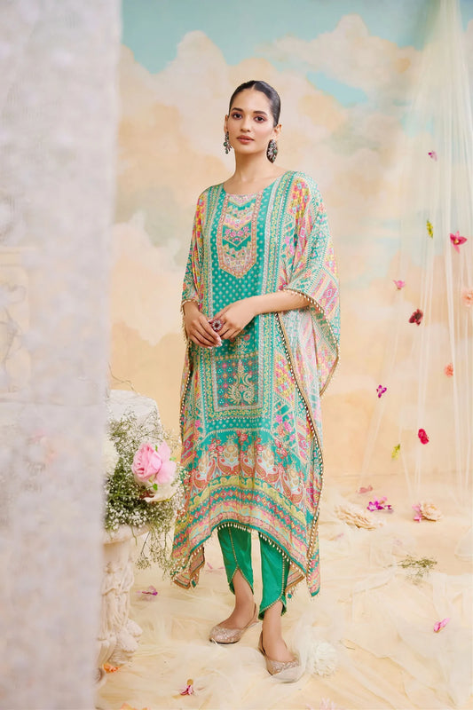 Aqua Green Pure Crepe Printed Kaftan With Dhoti Pants With Mirror Work