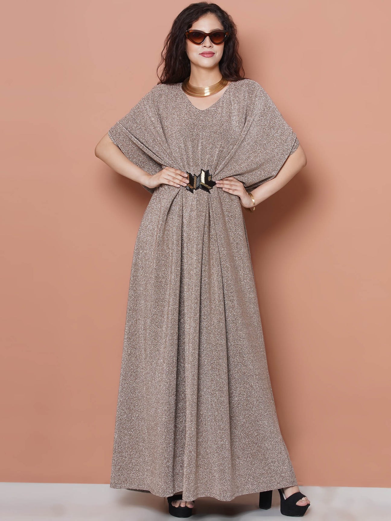 Partywear Designer Golden Beige Hand Embellished Kaftan Gown