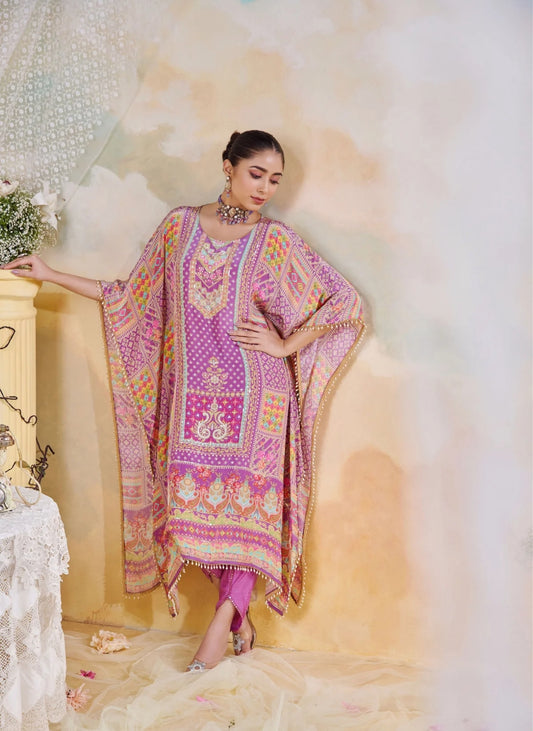 Pure Crepe Printed Kaftan With Dhoti Pants With Mirror Work