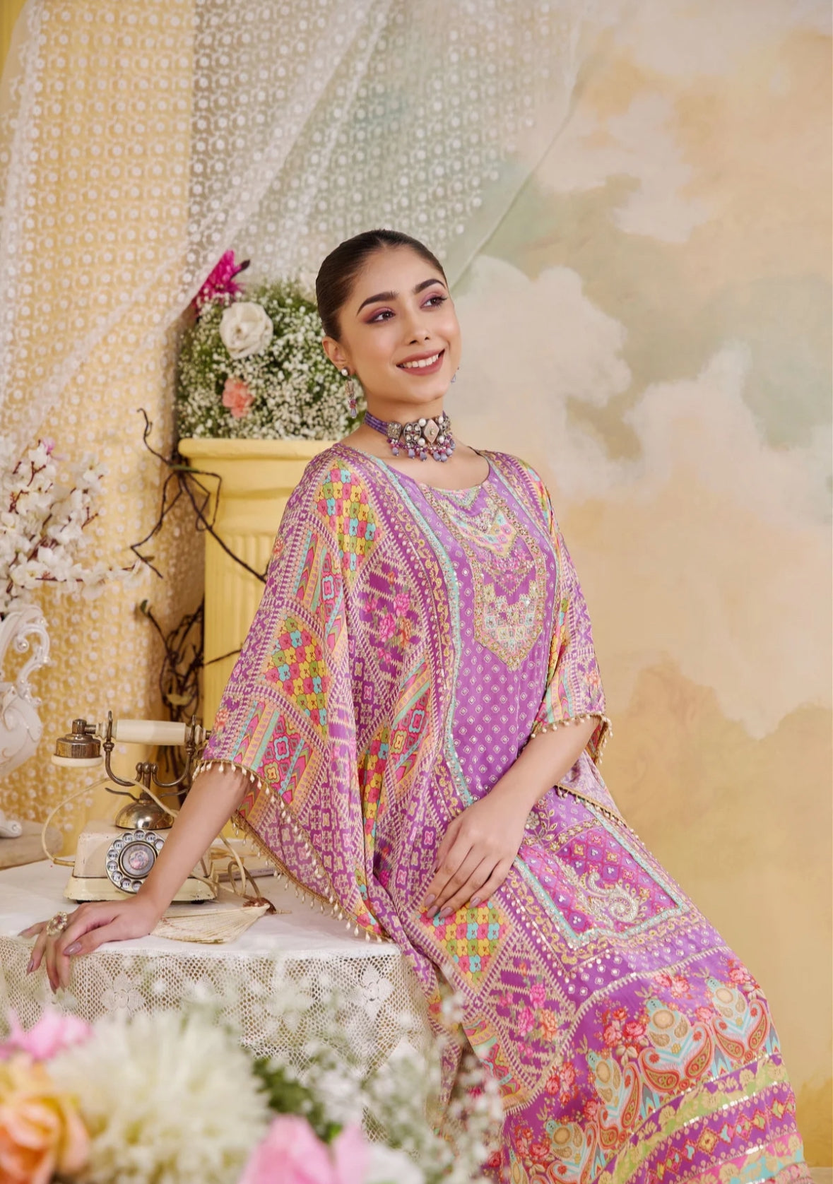 Pure Crepe Printed Kaftan With Dhoti Pants With Mirror Work