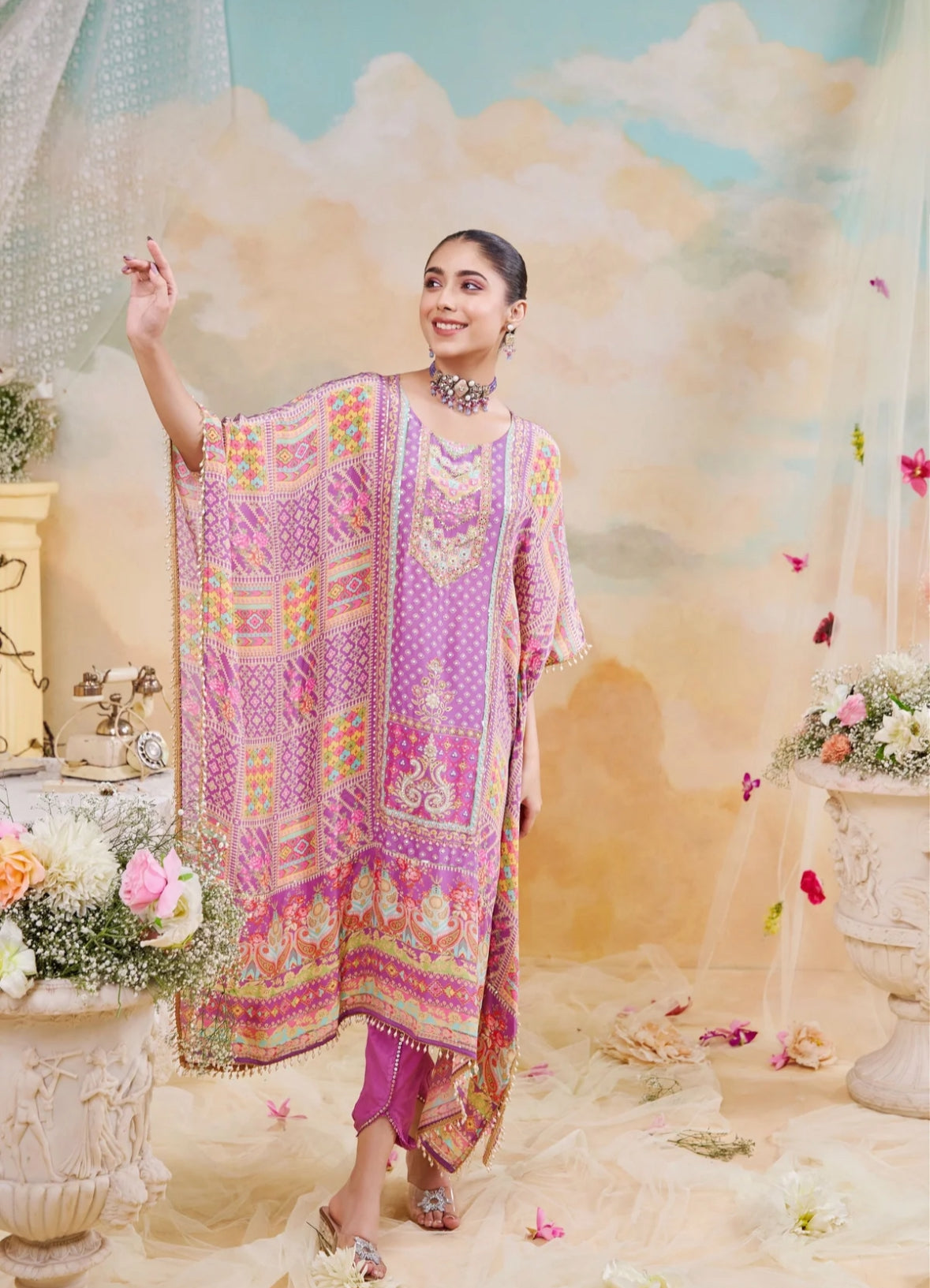 Pure Crepe Printed Kaftan With Dhoti Pants With Mirror Work
