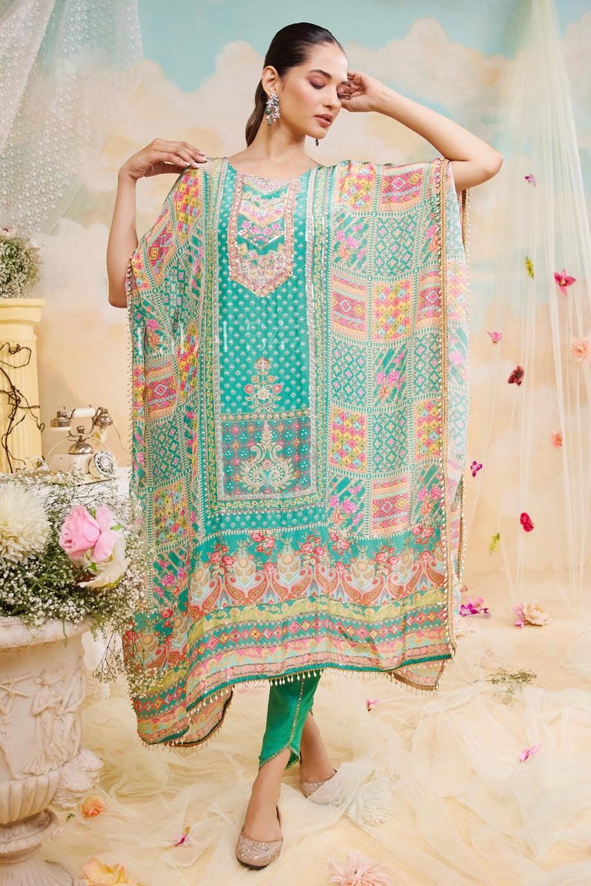 Aqua Green Pure Crepe Printed Kaftan With Dhoti Pants With Mirror Work