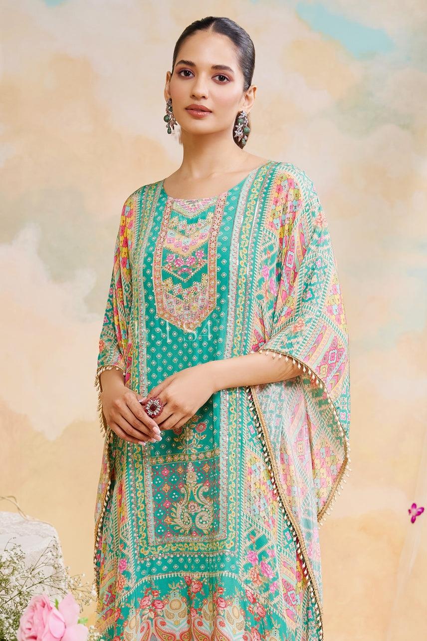 Aqua Green Pure Crepe Printed Kaftan With Dhoti Pants With Mirror Work