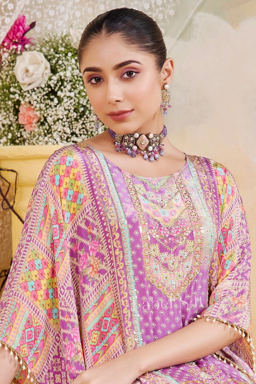 Pure Crepe Printed Kaftan With Dhoti Pants With Mirror Work