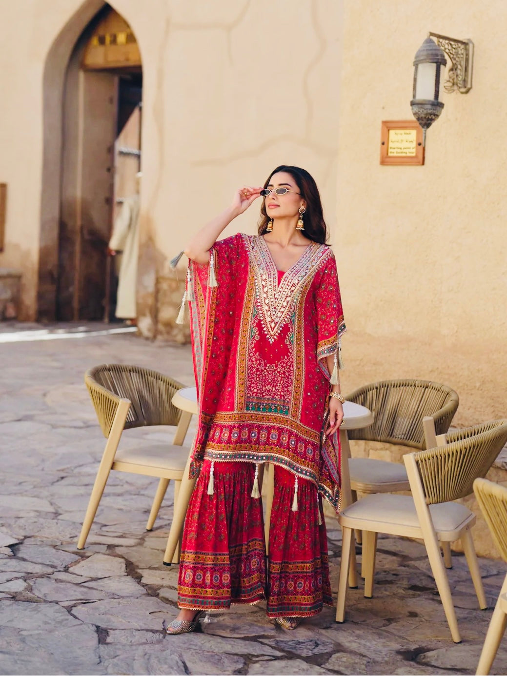Designer Printed Crepe Kaftan with Gota Patti And Mirror Work With Sharara