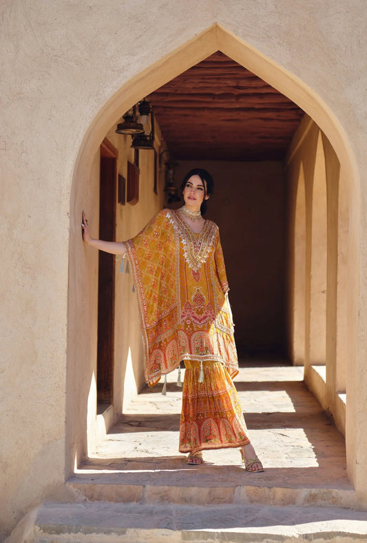 Designer Printed Crepe Kaftan with Gota Patti And Mirror Work With Sharara