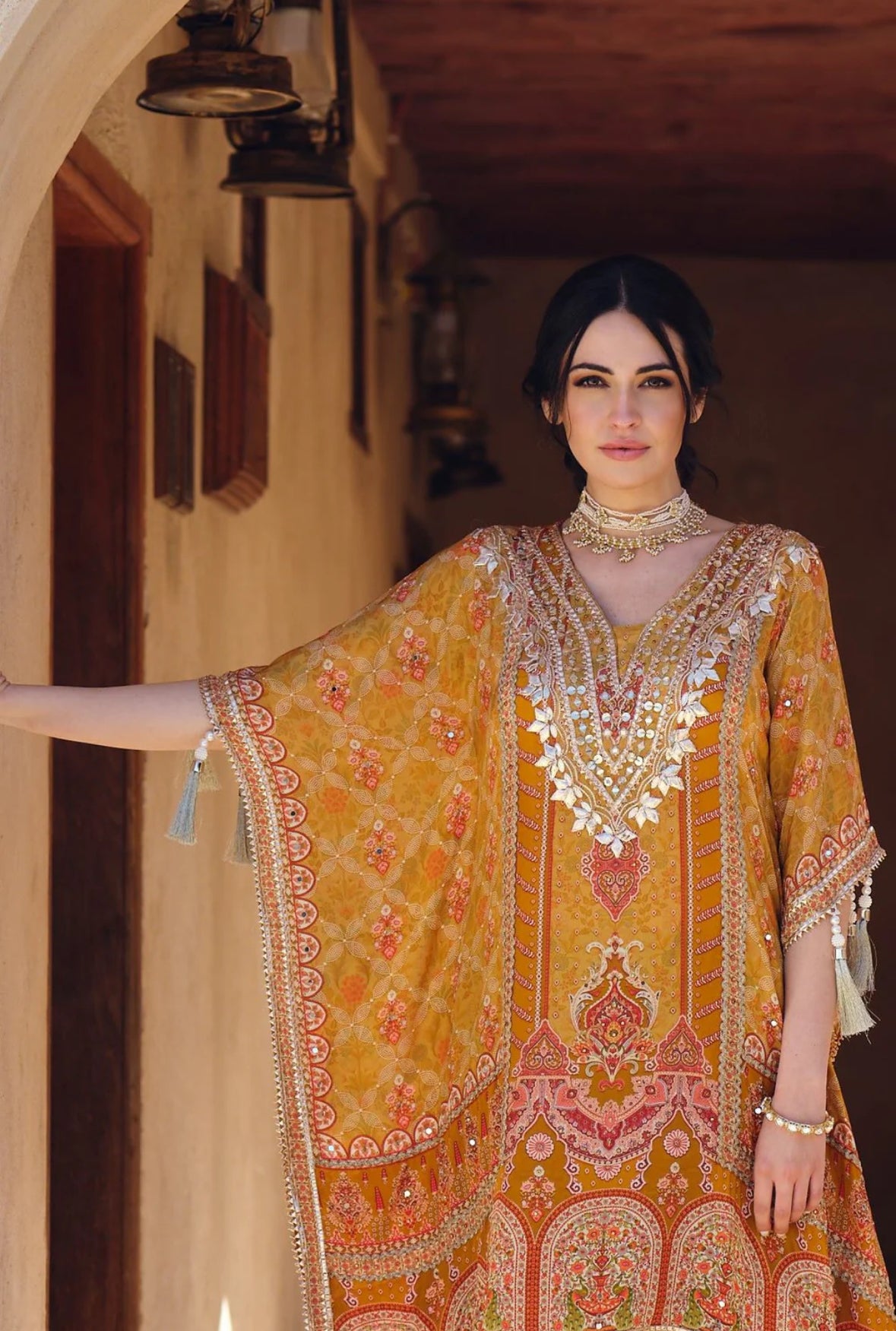 Designer Printed Crepe Kaftan with Gota Patti And Mirror Work With Sharara
