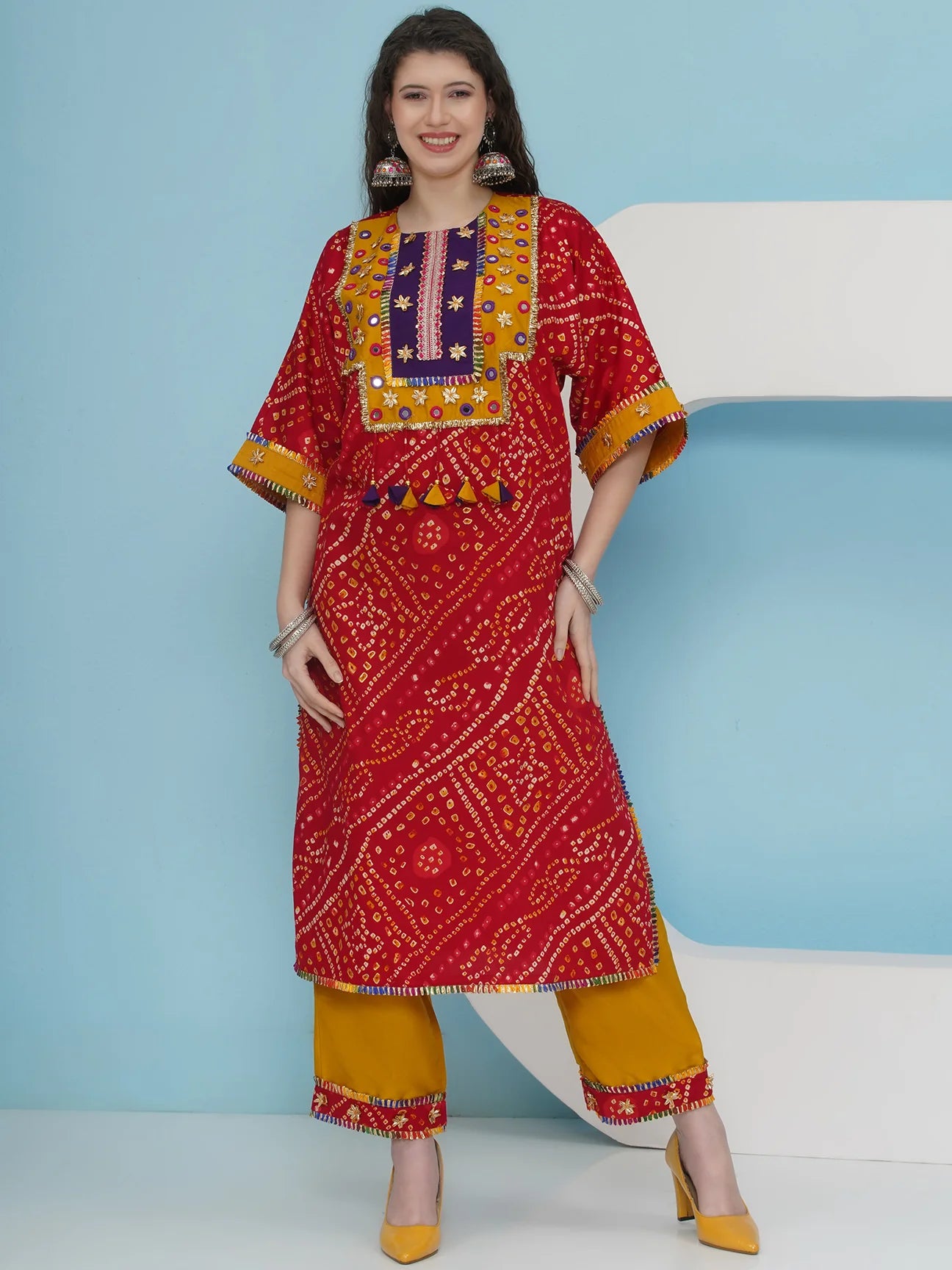 Designer Red Bhandhani Choga Co-ord Set