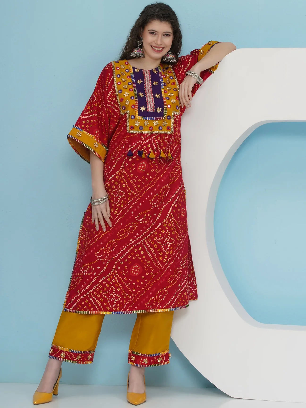 Designer Red Bhandhani Choga Co-ord Set