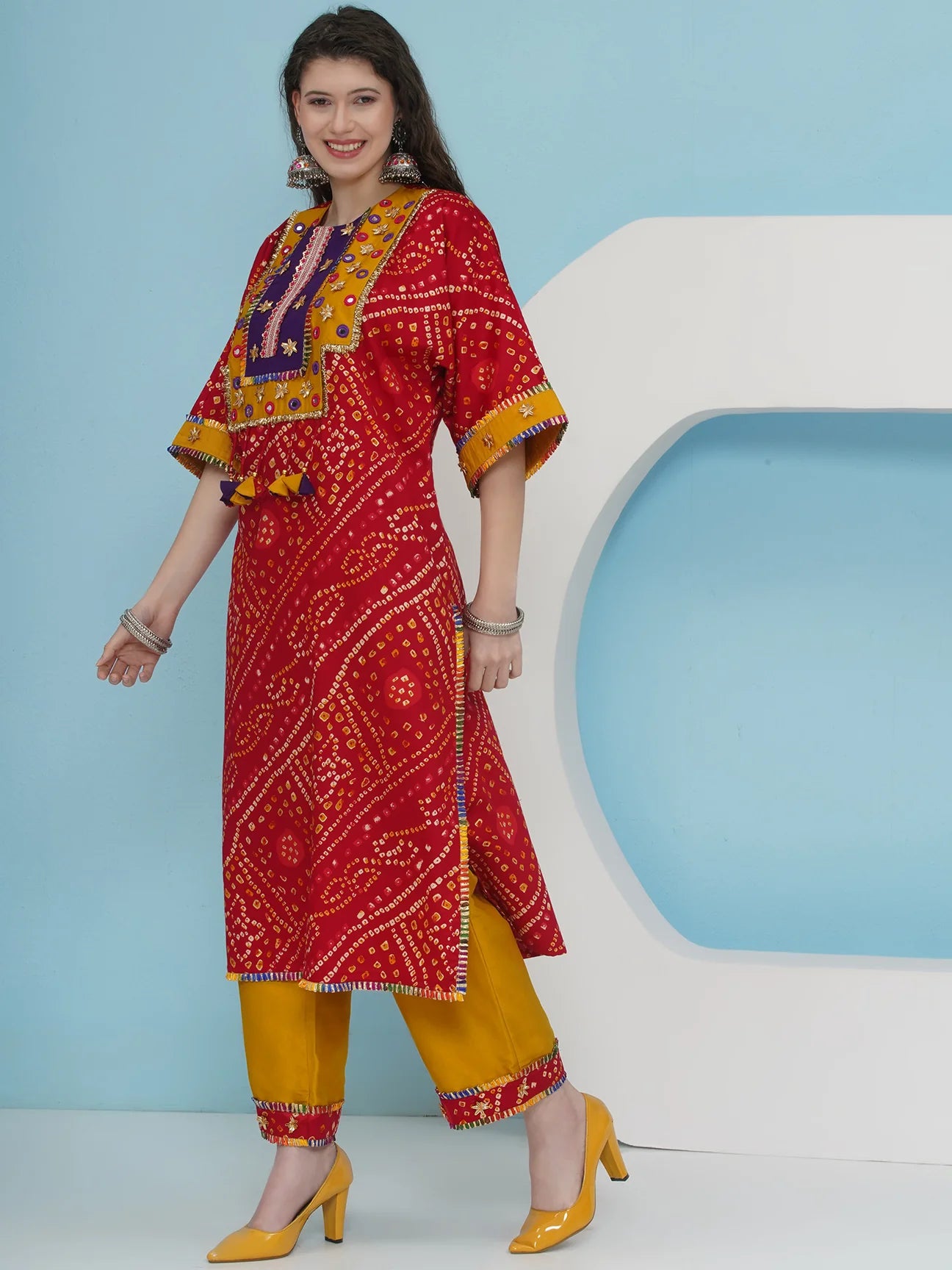 Designer Red Bhandhani Choga Co-ord Set