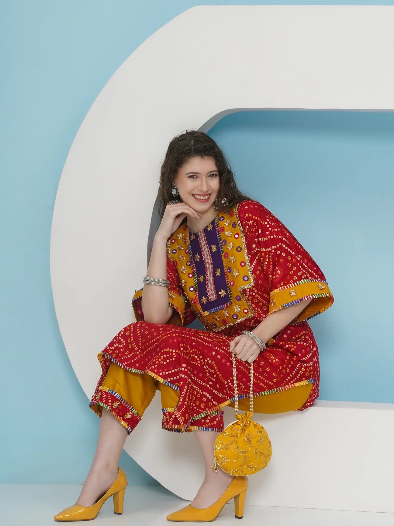 Designer Red Bhandhani Choga Co-ord Set