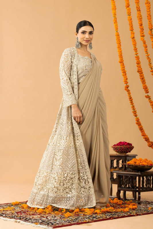 Partywear Golden Beige Ready To Wear Saree With Jacket