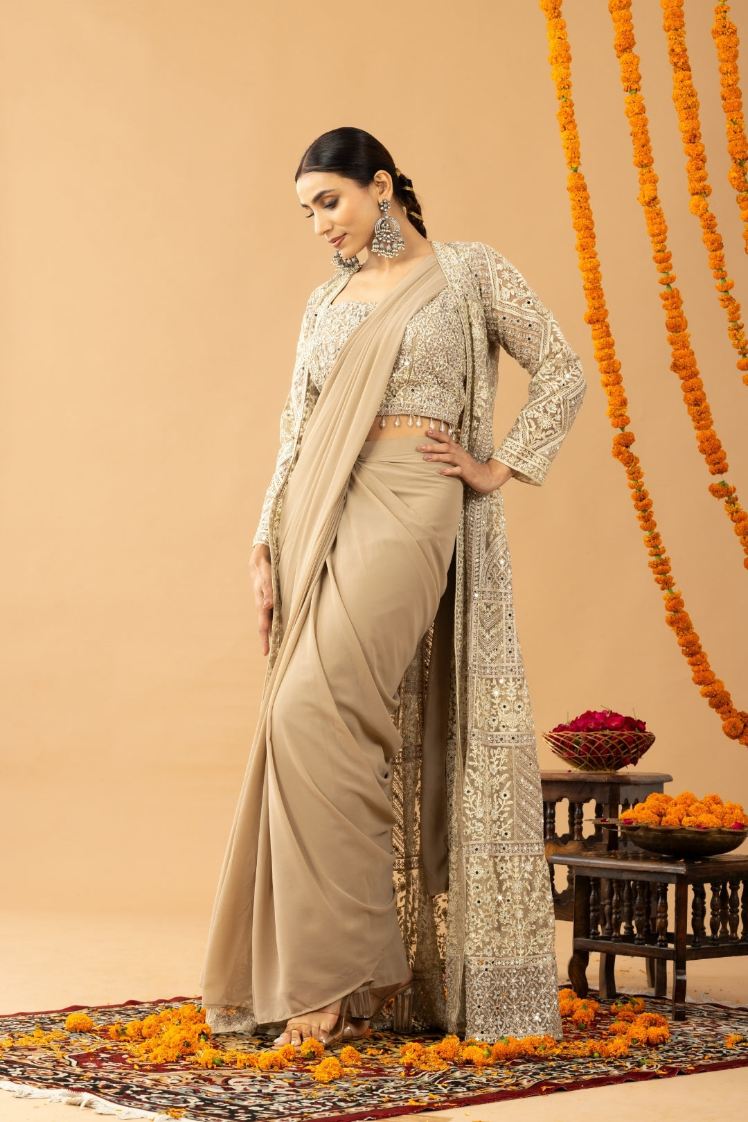 Partywear Golden Beige Ready To Wear Saree With Jacket