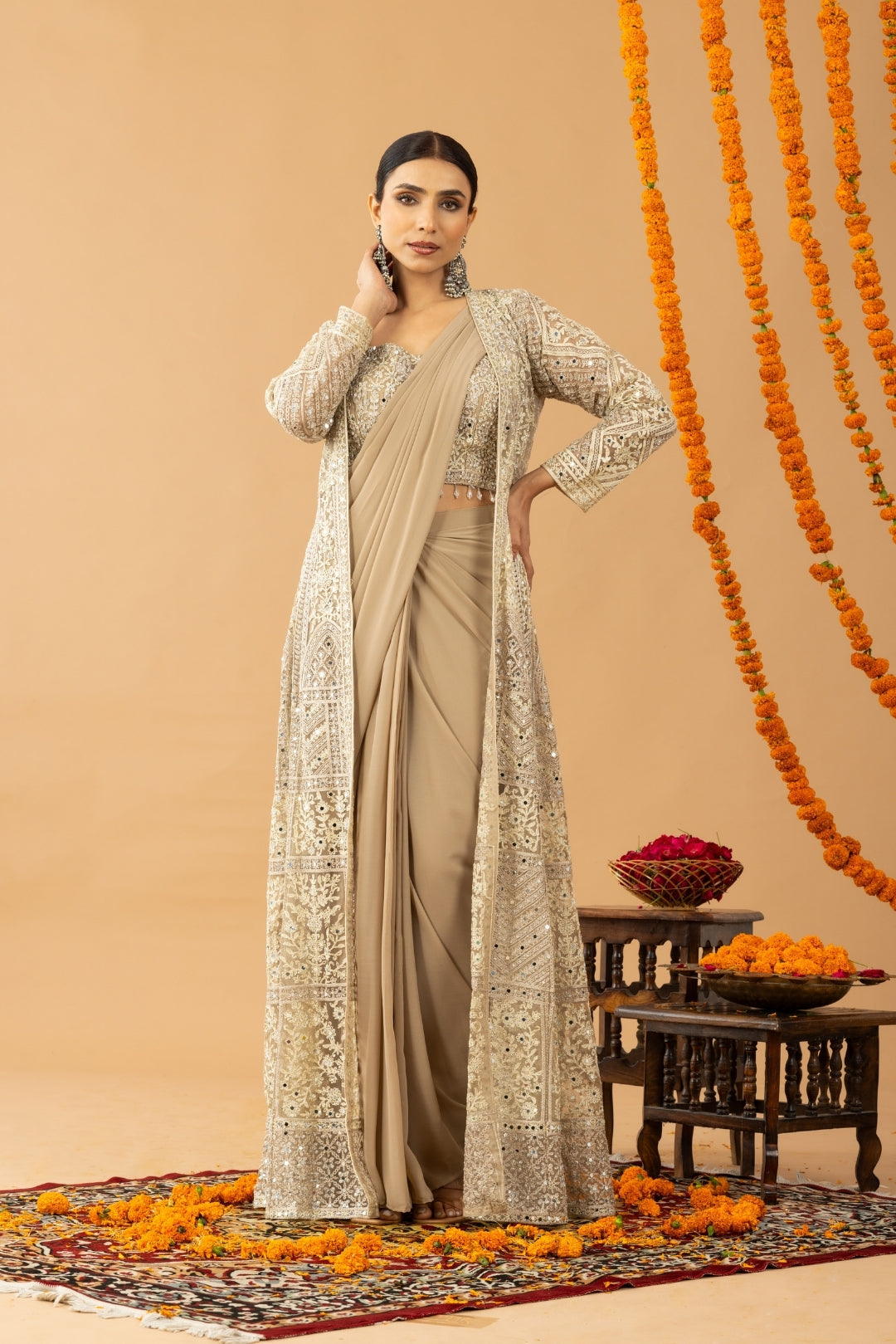 Partywear Golden Beige Ready To Wear Saree With Jacket