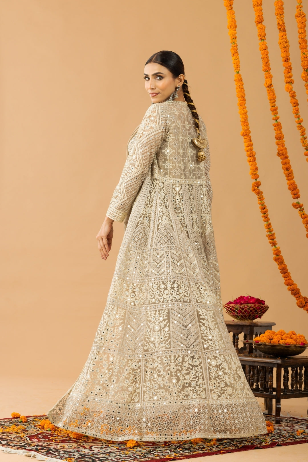 Partywear Golden Beige Ready To Wear Saree With Jacket