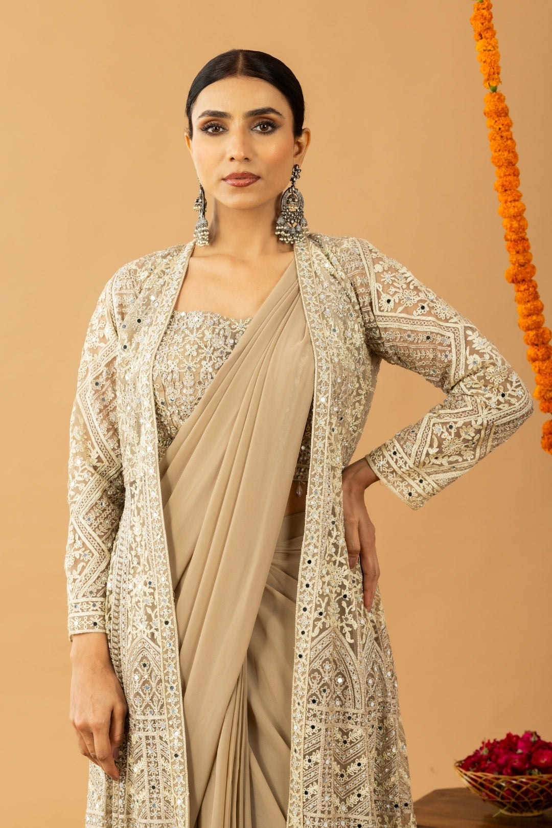 Partywear Golden Beige Ready To Wear Saree With Jacket