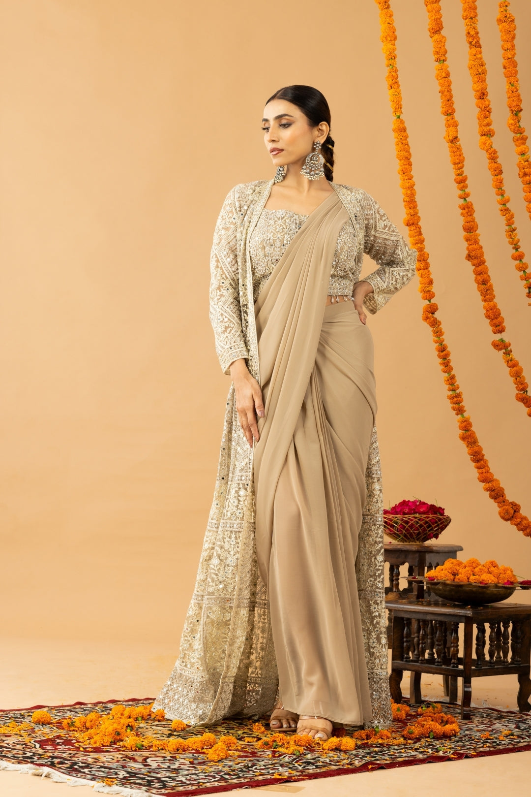 Partywear Golden Beige Ready To Wear Saree With Jacket