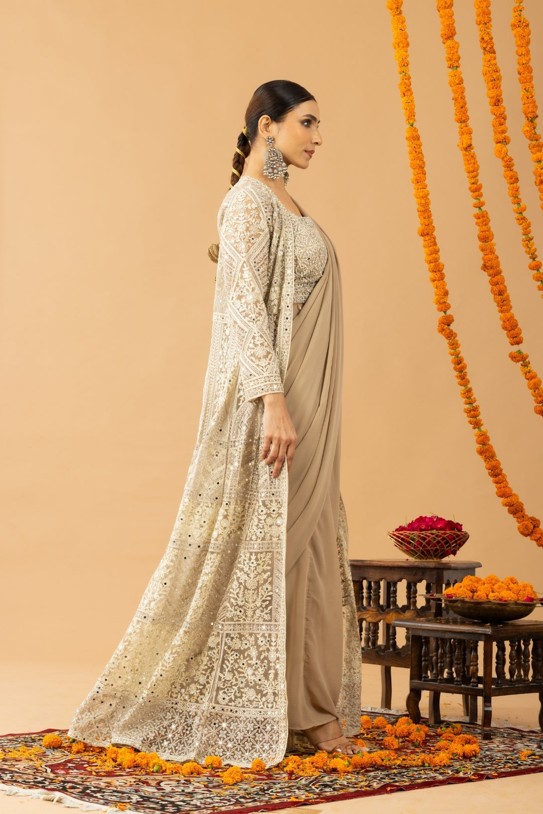 Partywear Golden Beige Ready To Wear Saree With Jacket