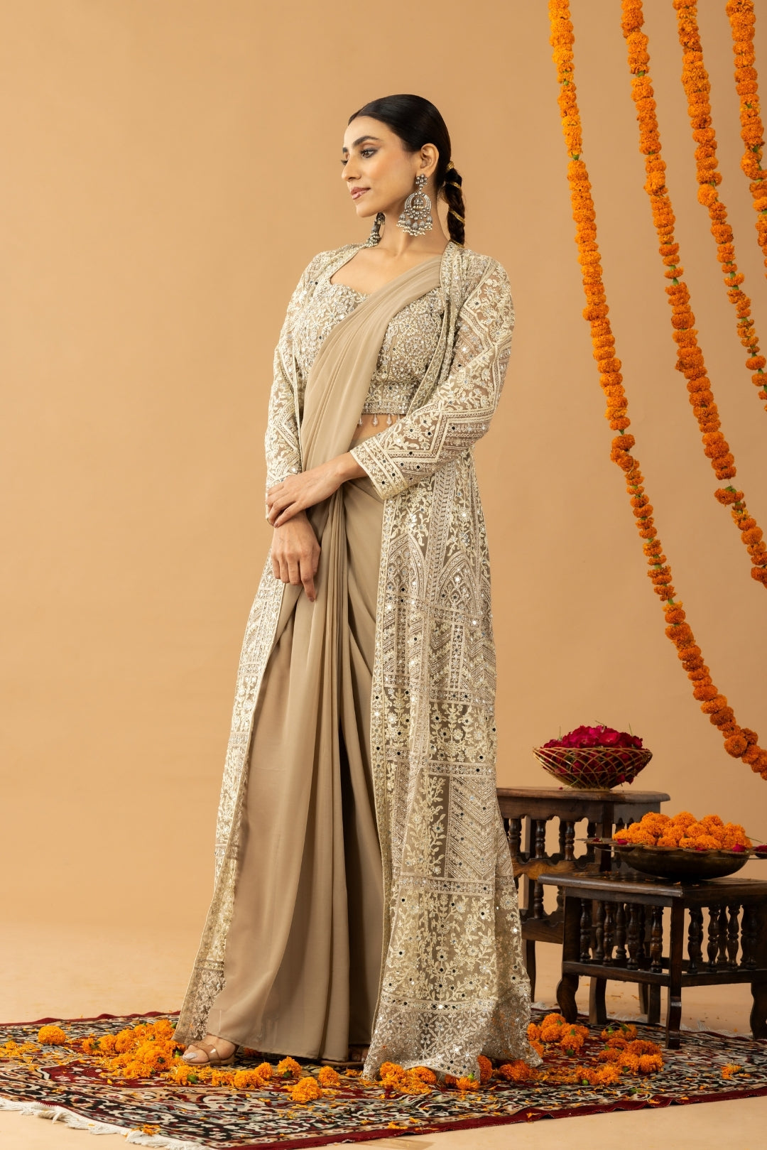 Partywear Golden Beige Ready To Wear Saree With Jacket