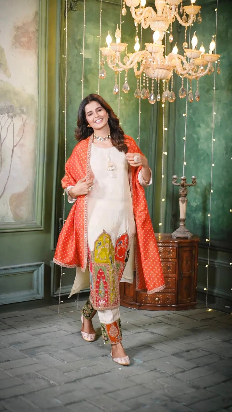 Partywear Shimmer Tissue Silk Suit with straight pants and dupatta