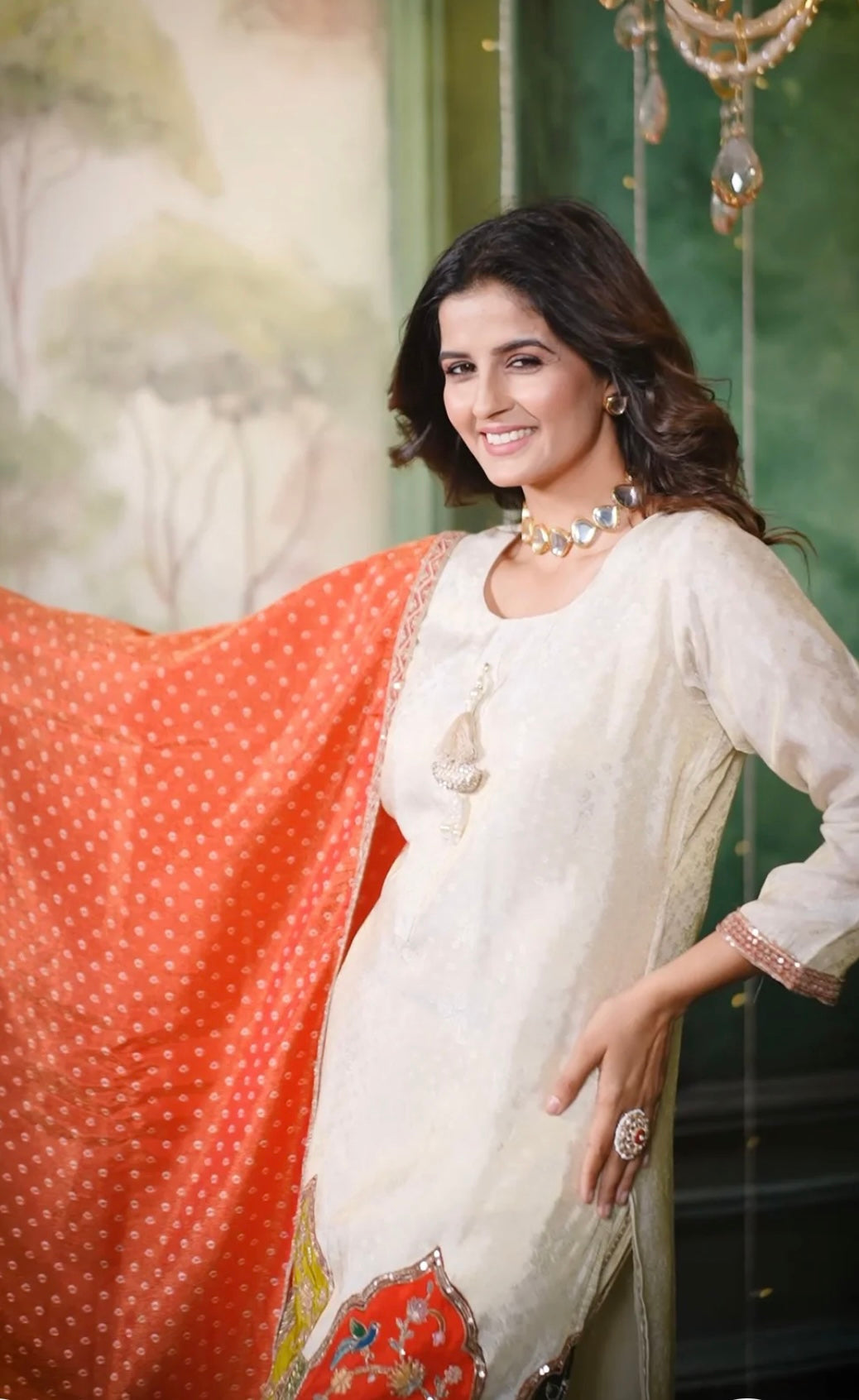 Partywear Shimmer Tissue Silk Suit with straight pants and dupatta
