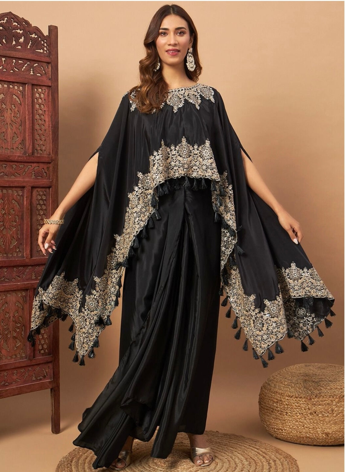 Black Partywear designer pure crepe cape with dhoti skirt