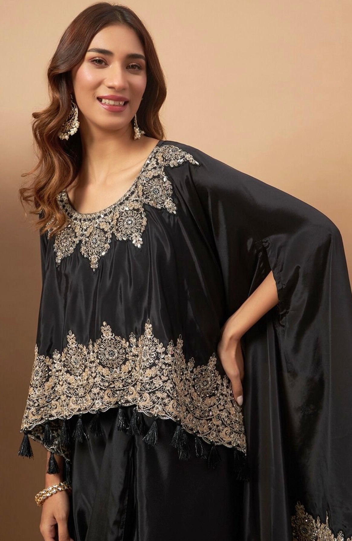 Black Partywear designer pure crepe cape with dhoti skirt