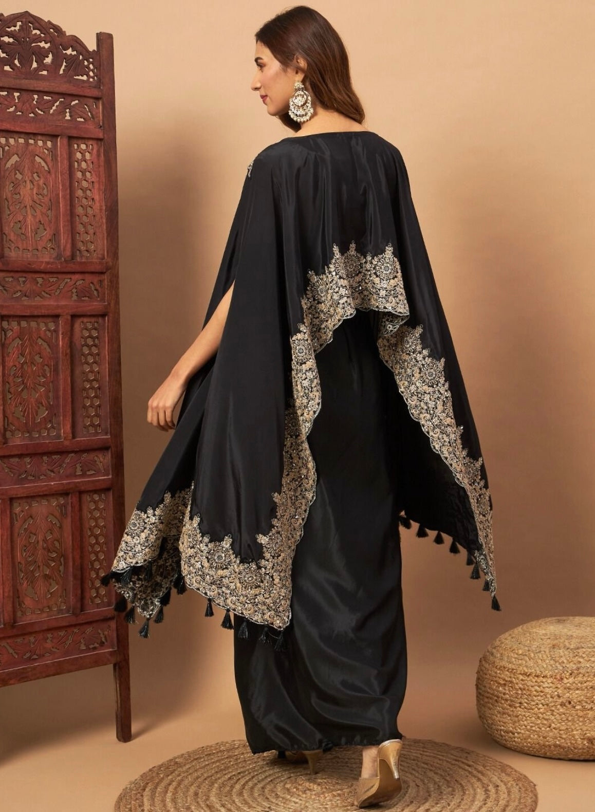 Black Partywear designer pure crepe cape with dhoti skirt