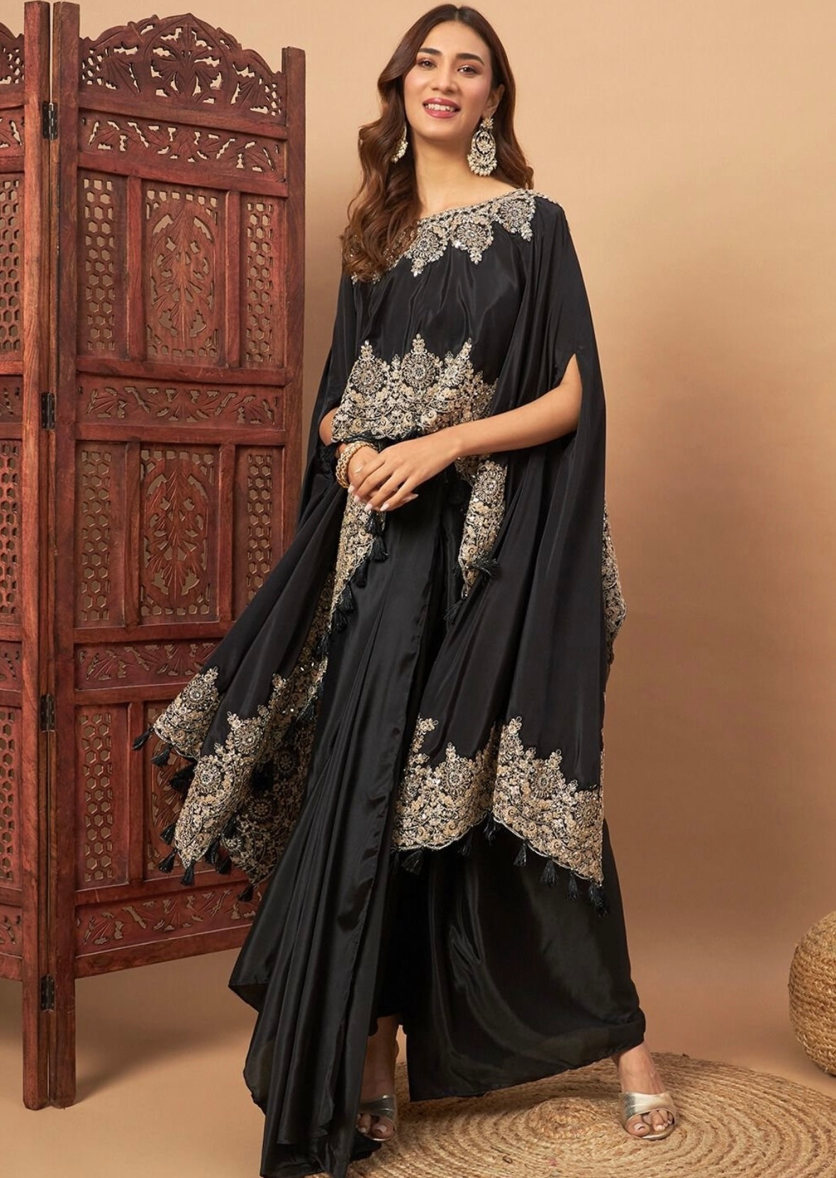 Black Partywear designer pure crepe cape with dhoti skirt