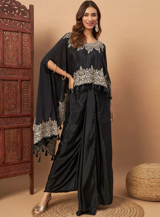 Black Partywear designer pure crepe cape with dhoti skirt