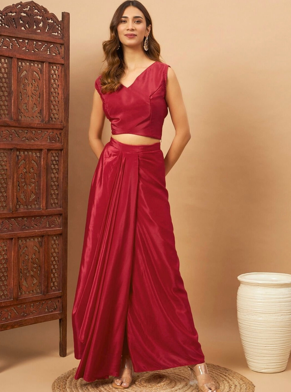 Red Partywear designer pure crepe cape with dhoti skirt