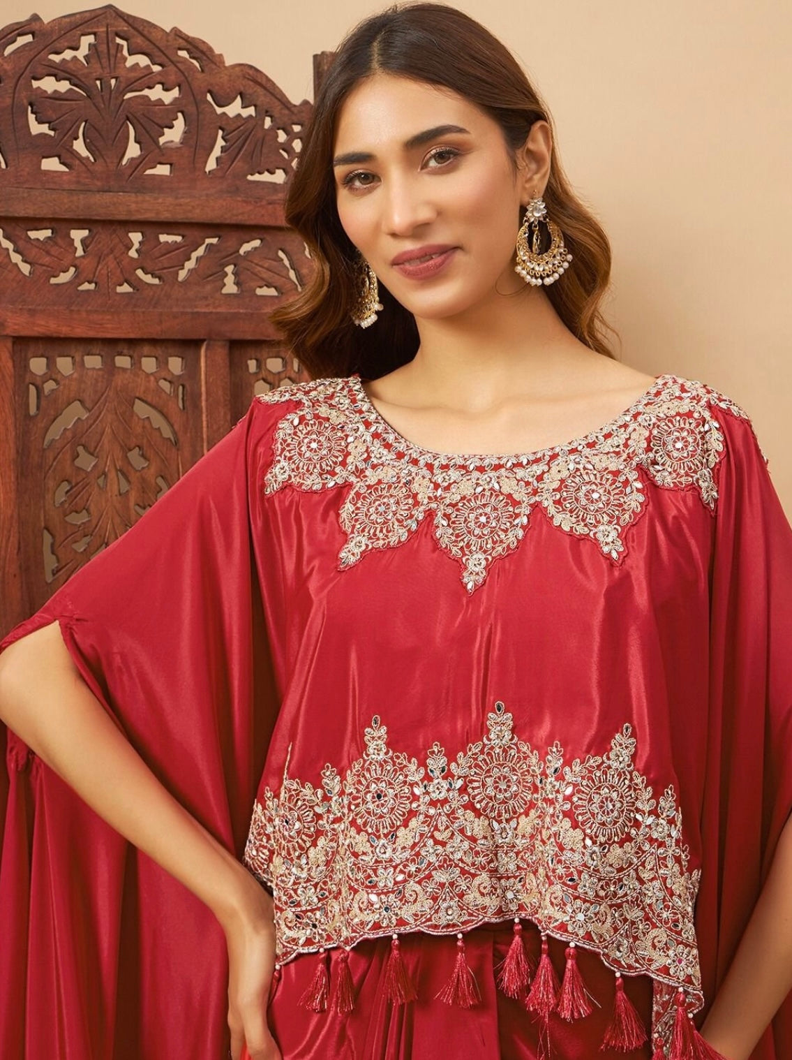 Red Partywear designer pure crepe cape with dhoti skirt