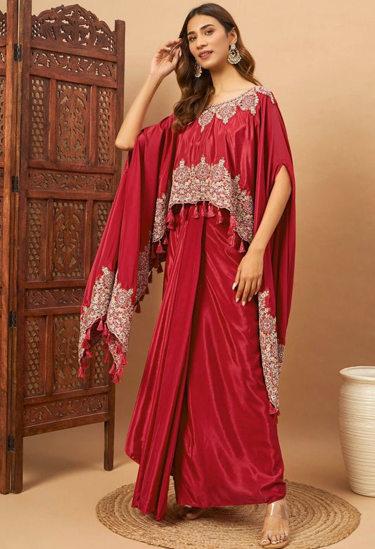 Red Partywear designer pure crepe cape with dhoti skirt