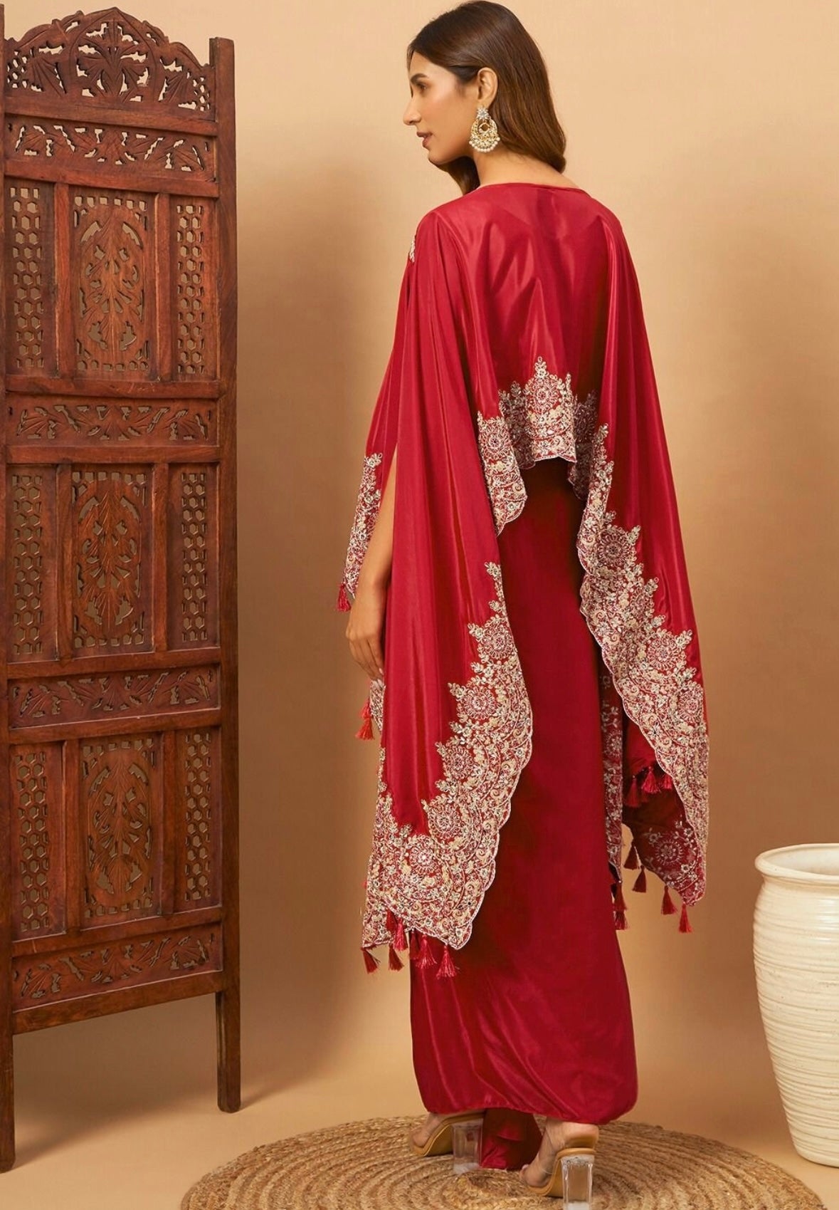 Red Partywear designer pure crepe cape with dhoti skirt